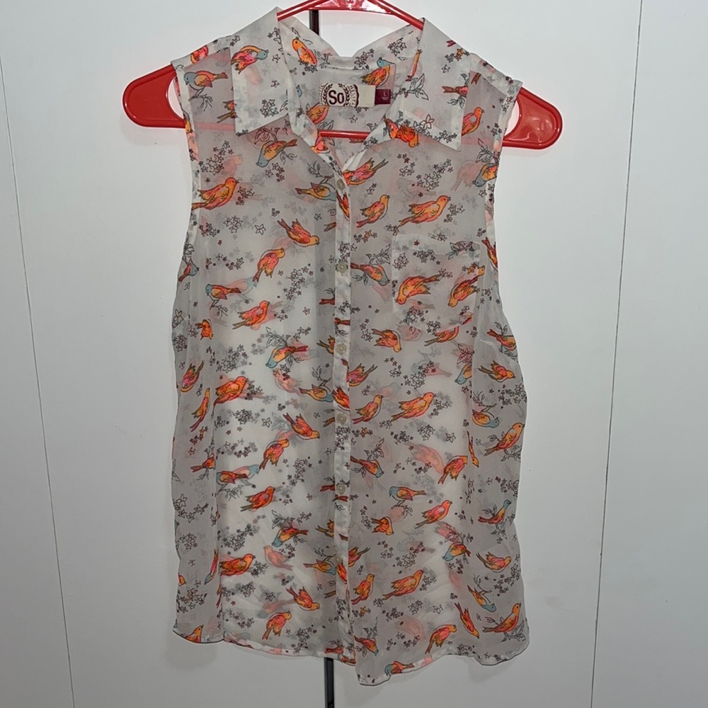 SO Flowy button up mesh tank top bird floral size L